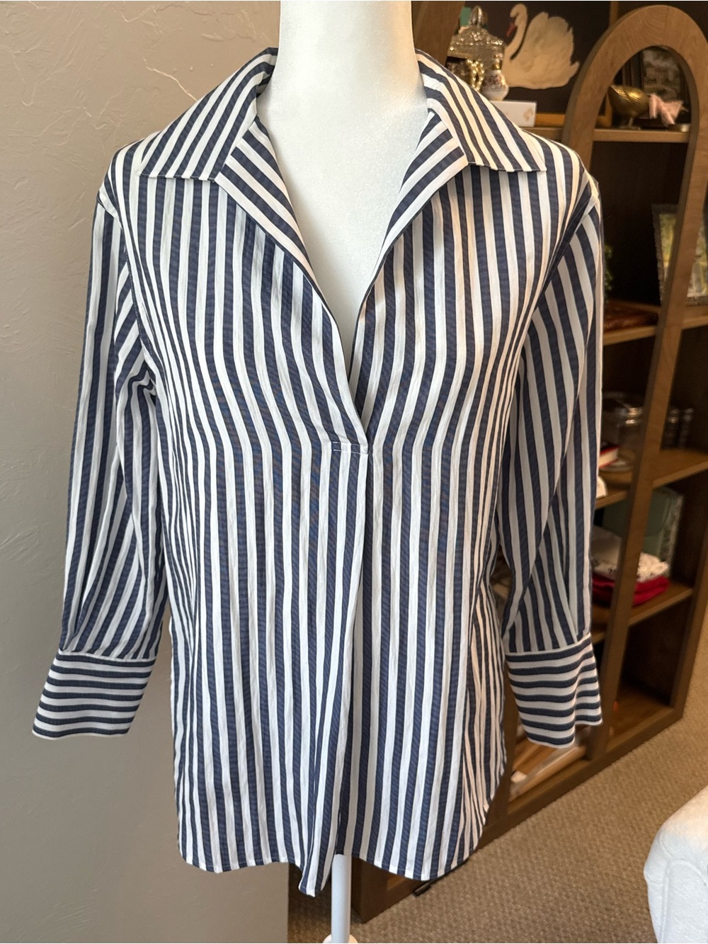 Vince Navy White Striped Tencel Oversized Popover Blouse XS